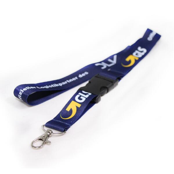 Lanyard, 25 mm breit, beidseitig bedruckt, mit Karabinerhaken und Clip Miniaturansicht